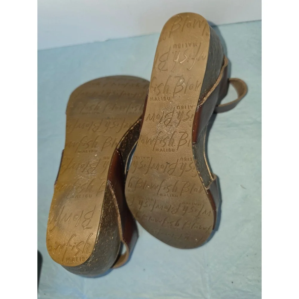 Blowfish Malibu Womens Brown Faux Leather Cork Wedge Sandals Ankle Strap Size 8